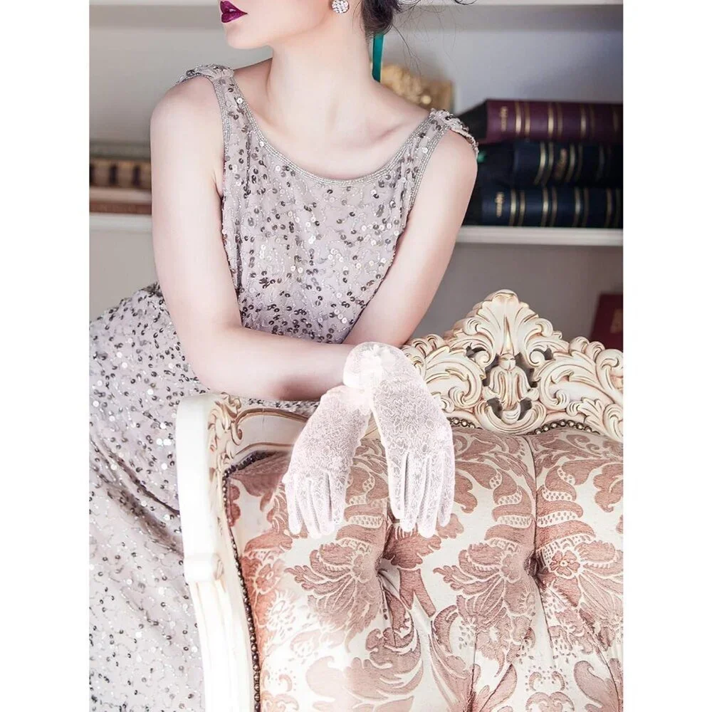 Women's White Fingerless Floral Short Lace Gloves Party Tea Halloween Wedding
